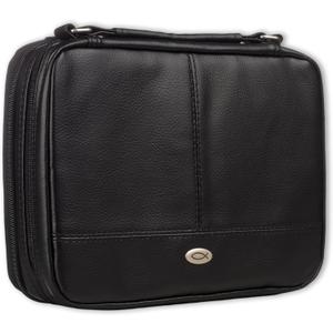 Christian Art Gifts Faux Leather Bible Cover for Men and Women | Ichthus Jesus Fish Emblem Zippered Two-Fold Organizer Case for Bible or Book w/Handle (Black)