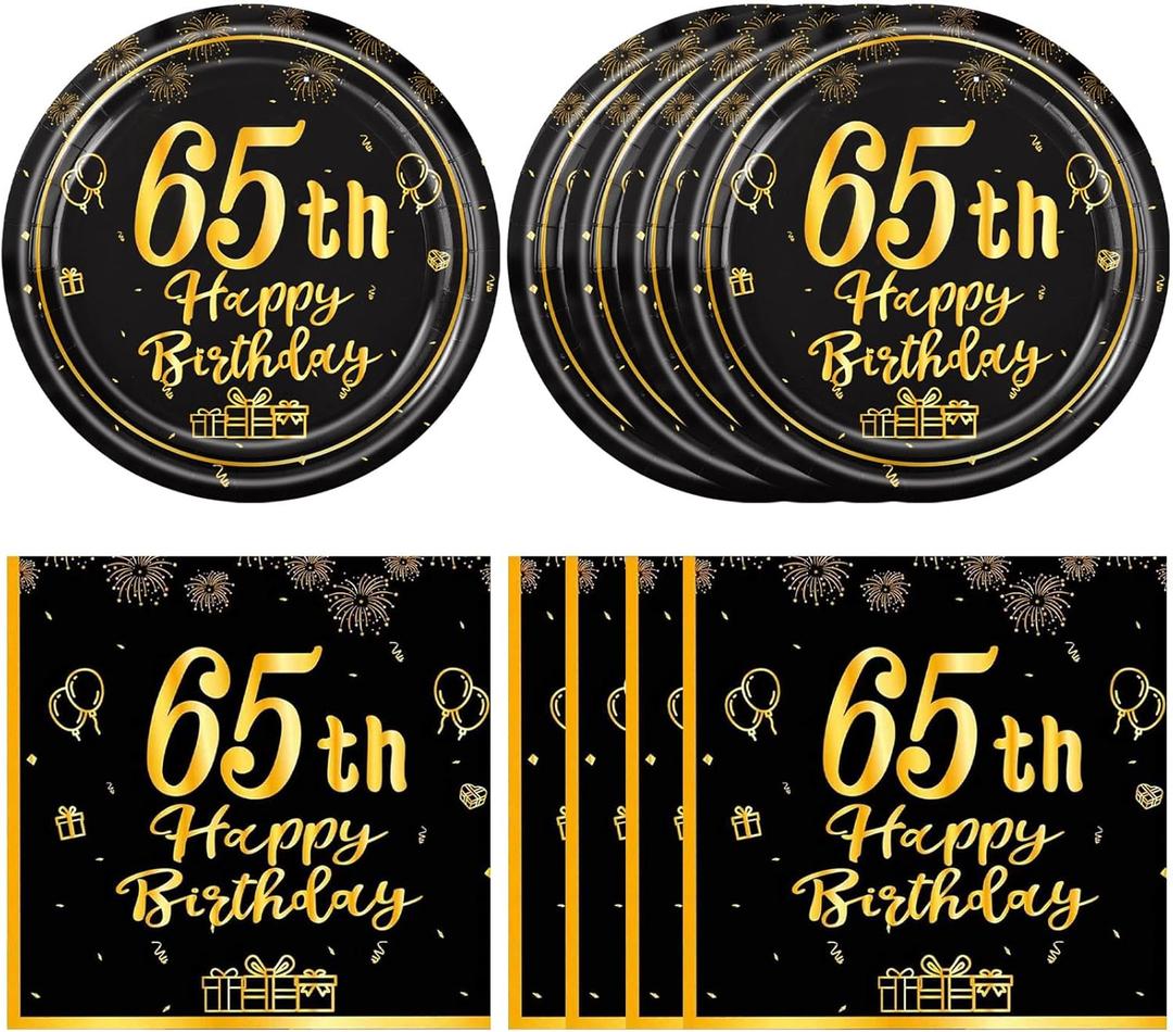 40pcs 65th Birthday Decorations Kit for Men Women 65th Birthday Plates and Napkins Black Gold Vintage 1961 65 Party Tableware Set for Happy 65 Years Old Anniversary Party Supplies