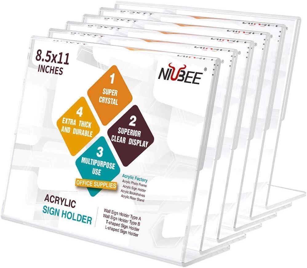 NIUBEE Acrylic Sign Holder 8.5x11 Inches 6 Pack Horizontal, Slant Back Clear Frames, Plastic Paper Flyer Display Holder, Document Menu Table Stand for Office, Store, Restaurant -Landscape