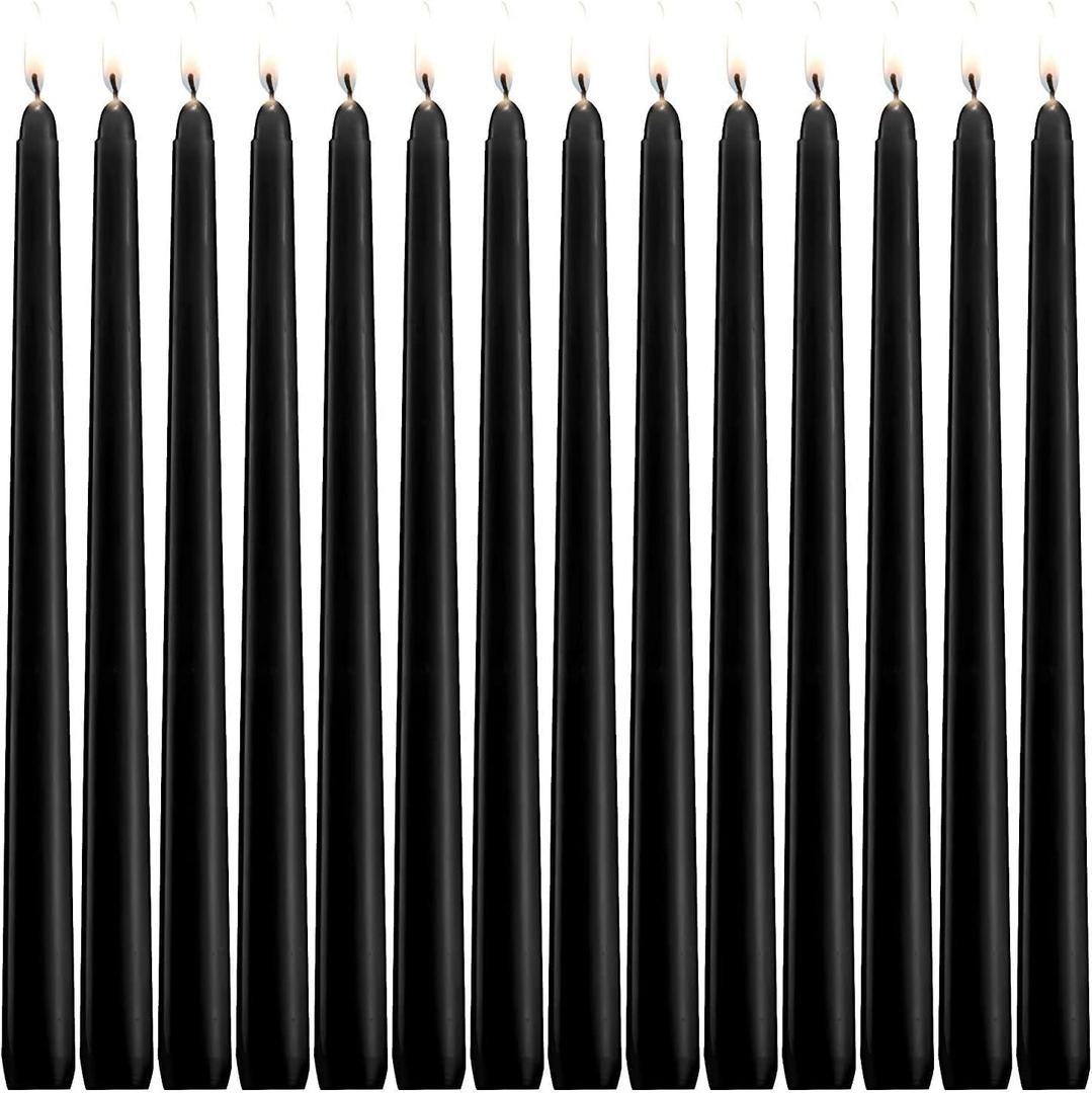 14-Pack Black Taper Candles 10-Inch Unscented Dripless - 7.5-Hour Burn Time Long-Lasting Candles for Weddings, Churches, Festivals, Altars (3/4-Inch Thick)