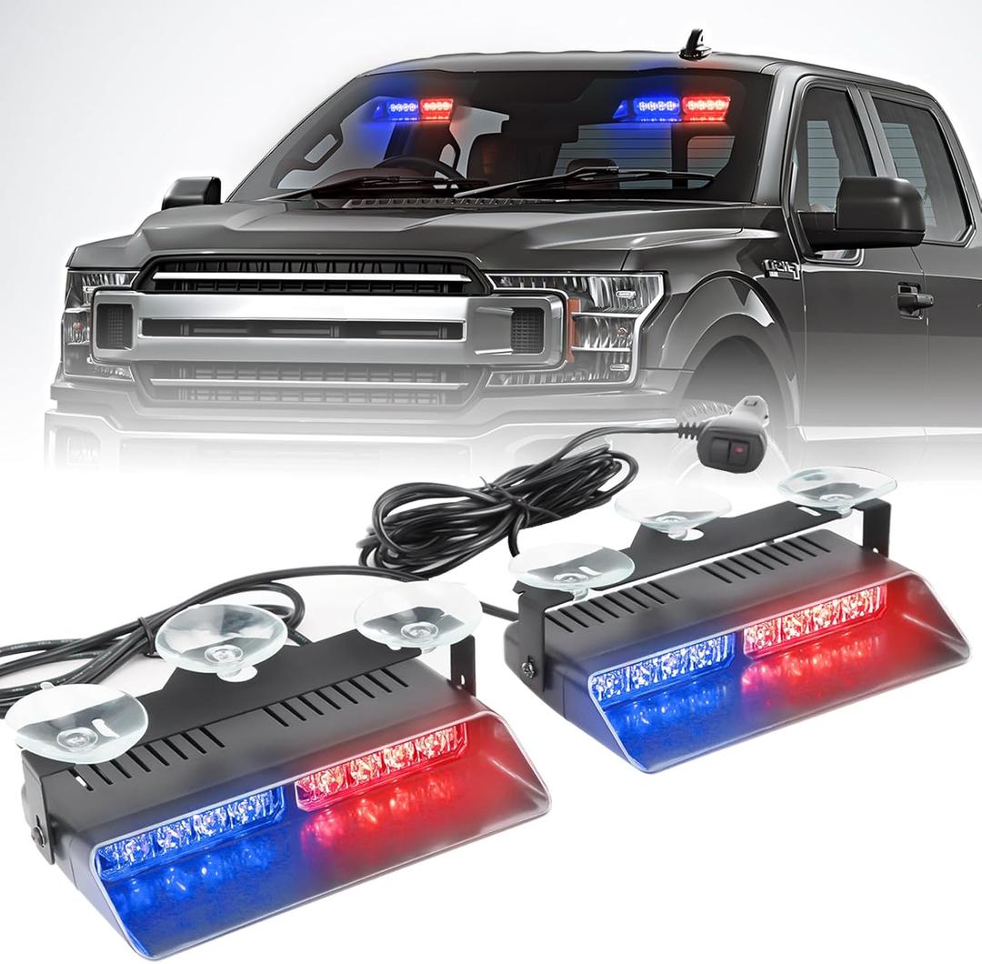 2 in 1 LED Emergency Dash Strobe Light Bar Front/Rear Windshield Safety Flashing Warning Hazard Interior Lights for Police Firefighter Construction Vehicles Trucks (2x7.5 inch, Blue/Red)