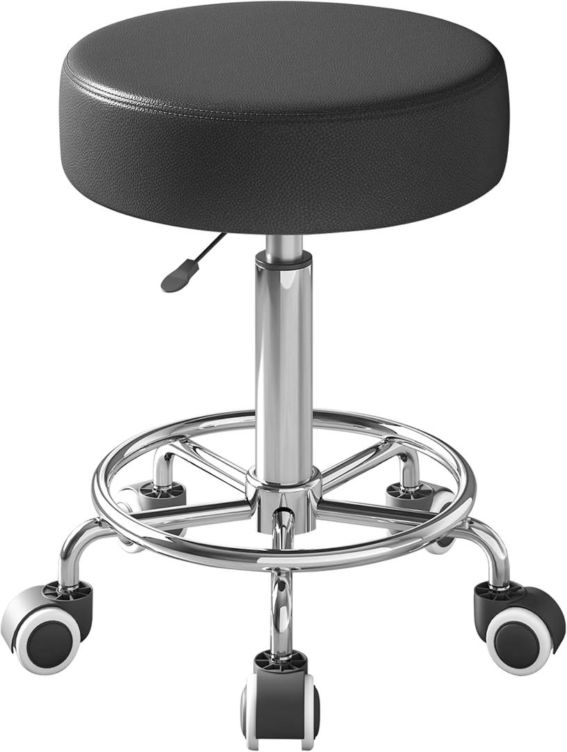 Rolling Stool, Heavy Weight Capacity 250lb, PU Leather Rolling stools, Ultra Soft Padded Seat, Rolling Stools with Wheels and Footrest, 360° Swivel, Spa Drawing Salon Work Office Tattoo Stool (black)