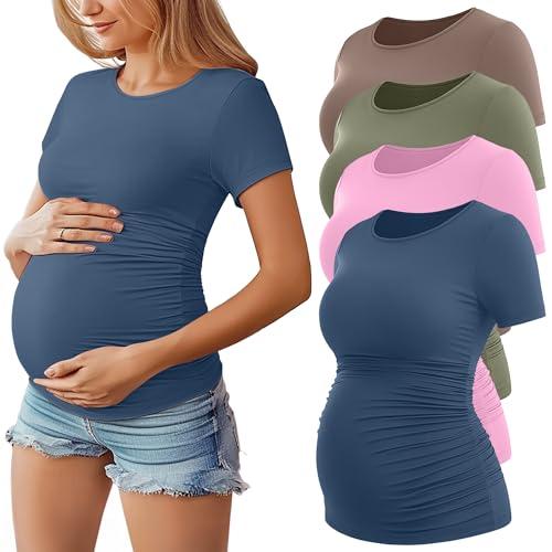 Huukeay 4 Pack Women's Maternity Shirts, Crew Neck Maternity Top Short Sleeve Casual Cotton Tee Side Ruched Pregnancy Clothes(Haze Blue, Peach Pink, Army Green, Light Coffee,Medium)