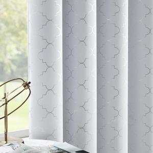 Enactex Full Blackout Greyish White Curtains 63 Inch Thermal Insulated Curtain with Metallic Silver Geometric Pattern, Light Blocking Window Drapes for Living Room Bedroom, 2 Panels (52"W x 63"L (Pack of 2), Greyish White/Silver)