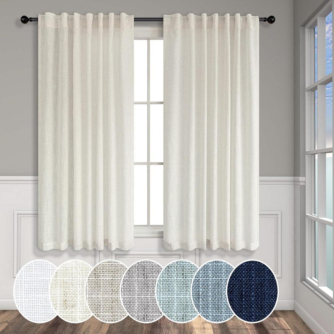 Natural Linen Curtains 54 Inch Length for Master Bedroom 2 Panels Set Back Tab Pocket Neutral Boho Light Reducing Lightweight Semi Sheer Cream Curtain for Kitchen Bathroom Boys Kids Room Sunroom 52x54