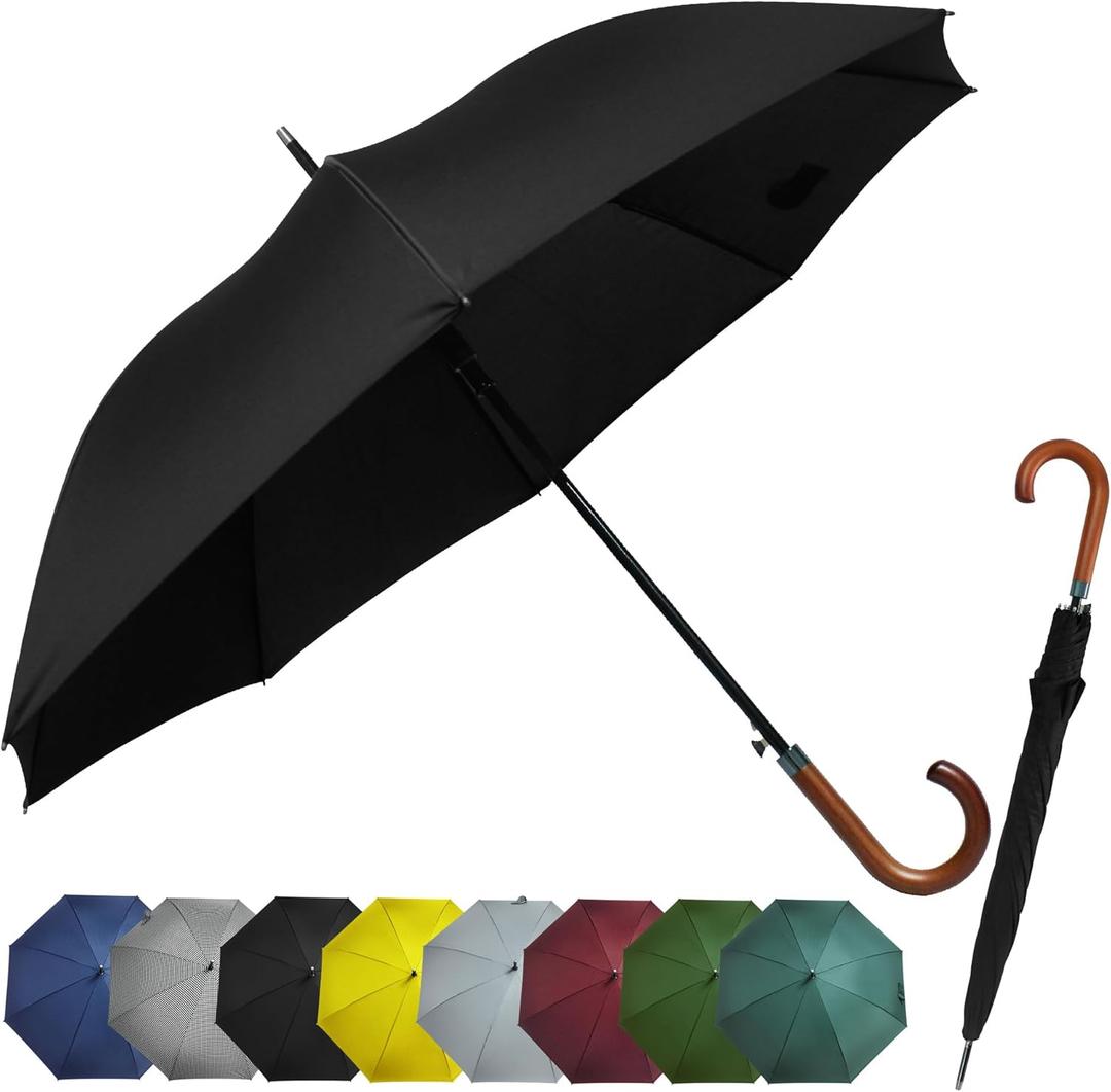 52" Arc Classic Wooden Handle Umbrella,vintage long handle umbrellas for rain,big black j handle cane umbrella,Automatic Umbrella with curved handles
