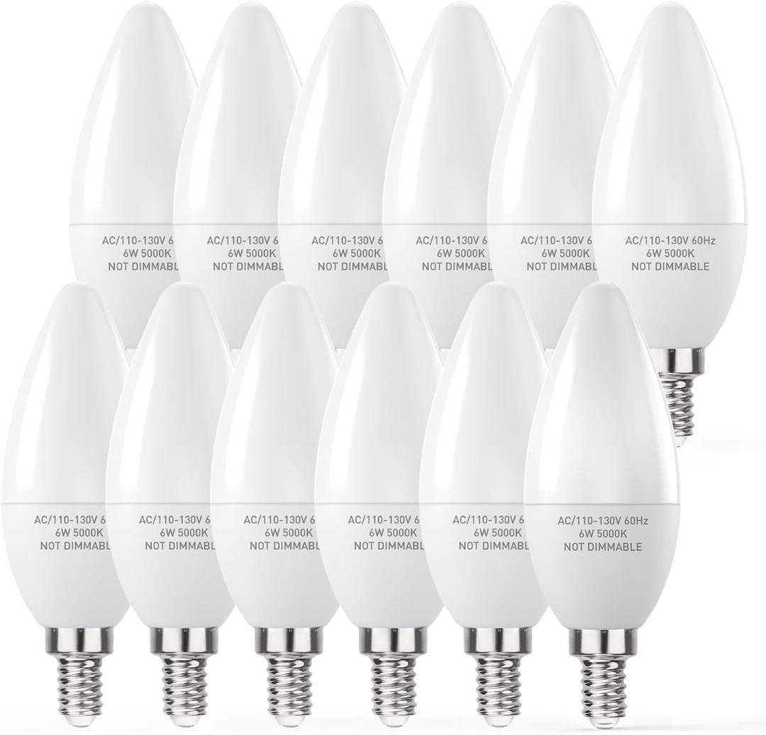PARTPHONER E12 LED Light Bulbs B11 Candelabra Bulbs 60W Equivalent, Non-Dimmable 6W LED Candle Chandelier Bulb 600 Lumen, 5000K Daylight White, Pack of 12