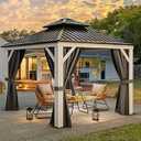 YITAHOME 10X10FT Hard Top Metal White Gazebo Patios Double Roof Canopy Aluminum Frame Garden Gazebo Tent Curtains Netting for Patios Backyards Decks Lawns White