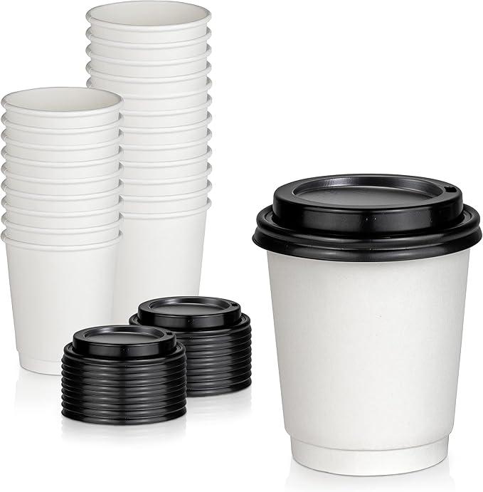 [50 Pack] Disposable Coffee Cups with Lids - 8 oz White Double Wall Insulated Coffee Cups with Black Dome Lid - Kraft Reusable Coffee Cups with Lids - To Go Chocolate, Tea, and Cocoa Drinks Hot Cups