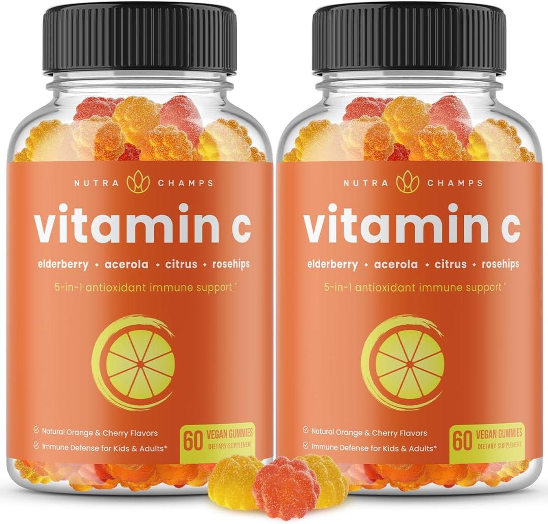 NutraChamps Vitamin C Gummies for Adults & Kids, 5-in-1 Immune System Support with Elderberry, Rosehips, Citrus Bioflavonoids & Acerola Cherry, Immunity Booster Supplement (Pack of 3)
