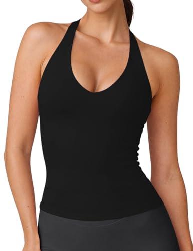 Ieumaz Women's Halter Neck Tank Top with Built in Bra Shelf Sleeveless Backless Longline Gym Yoga Workout Tops for Women Black, Medium