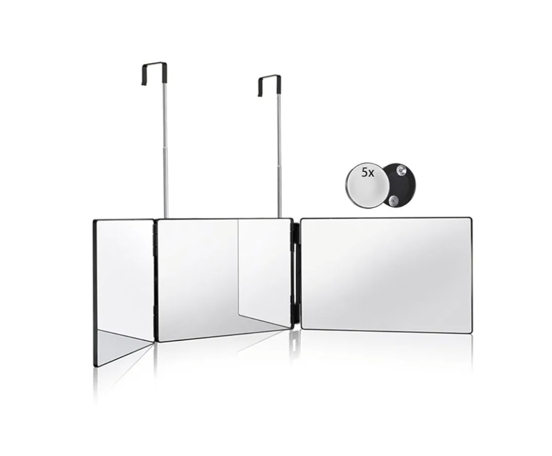 HIEEY 3 Way Mirror for Hair Cutting,360 Trifold Mirror with Height Adjustable Telescoping Hooks,and 5X Magnification,for Makeup, Hair Styling