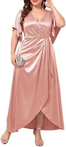 TIARALY Women's Plus Size Formal Satin Dress V Neck Wrap Ruched Maxi Evening Gown Cocktail Party Wedding Guest Dresses XL