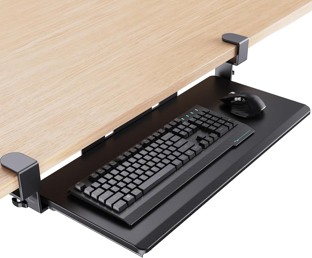 HUANUO Keyboard Tray Under Desk, Pull Out Keyboard Tray with C Clamp Mount, 26.5 W x 11.8 D Slide Out Computer Keyboard Drawer Mouse Tray for Typing, Black