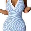 Ryehack Womens Summer Halter Mini Dress Backless Sundress Striped V Neck Bodycon Beach Vacation Sexy Birthday Club Outfits (Blue, XXL)
