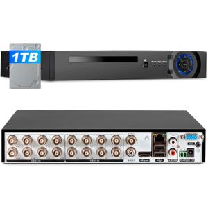 16 Channel Security Recorder DVR, 5MP Hybrid 6-in-1 Surveillance Digital Video Recorder for up tp 5MP AHD/TVI/CVI/CVBS/IP/XVI Camera, Human Detection, Remote Access(with 1TB Hard Drive)