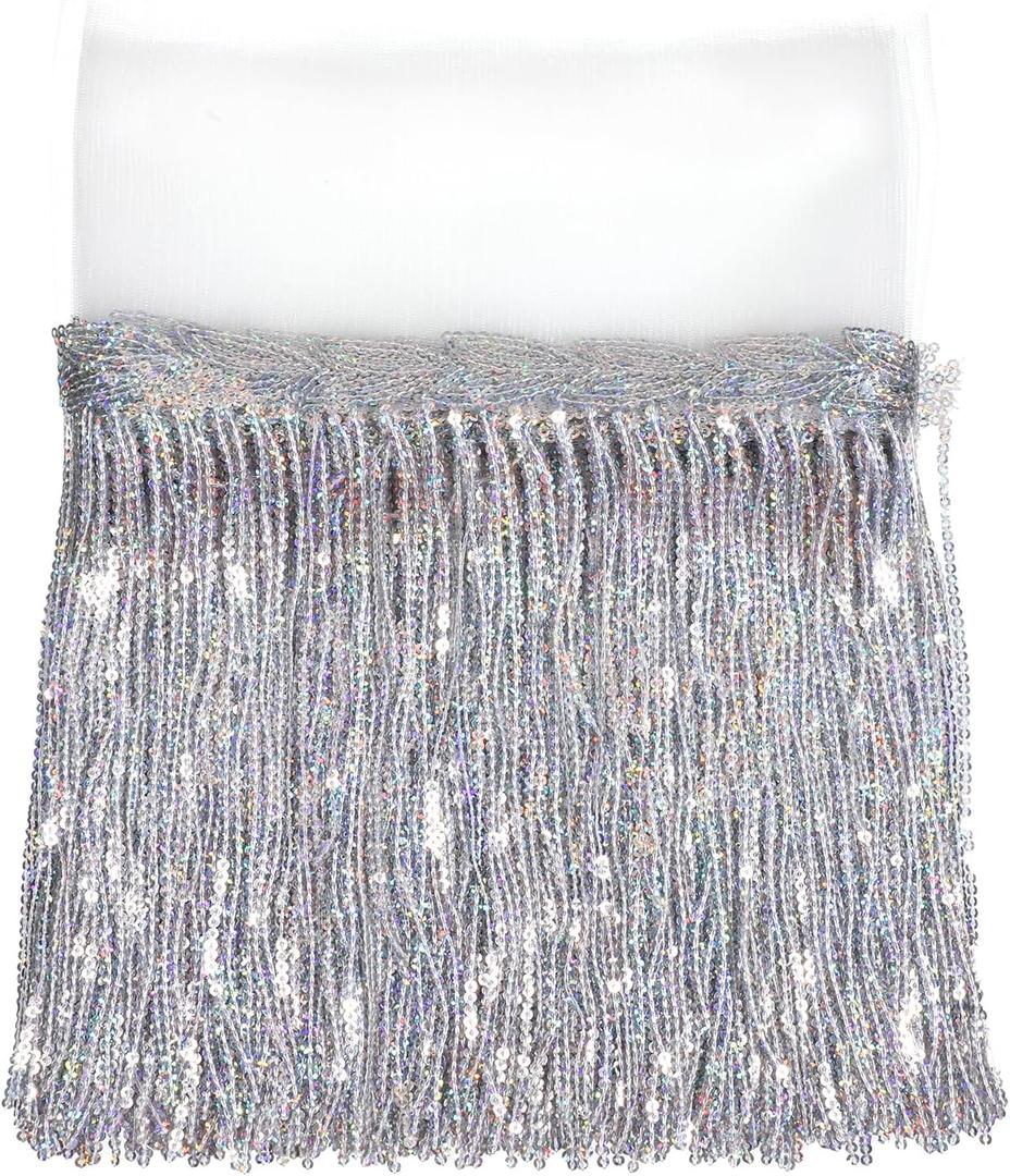 5 Yards Sewing Fringe Trim, Silver Sequin Lace Tassel Fringe Trim, Polyester Decorative Tape for DIY Dress Crafts Home Stage Costume Embellishment, Colorful Silver