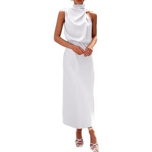 PRETTYGARDEN Women's 2025 Summer Satin Dress Elegant Sleeveless Mock Neck Cocktail Party Maxi Dresses (White,Small)
