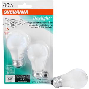 Sylvania 2 Pack Incandescent Light Bulbs 40 Watt Warm White - Incandescent Appliance Ceiling Fan Light Bulbs with Standard Base, A15, 120V 40W E26 Medium Base Bulb, Dimmable, Daylight Finish