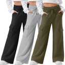 3 Pack Girls Wide Leg Sweatpants Kids Cargo Baggy Pants Drawstring Casual Athletic Joggers for Teens 5-14 Years (Large, Army Green, Light Gray, Black)