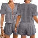 Glozeplus Women's 2 Piece Jumpsuit Floral Print Summer Half Sleeve Thin Coat Bodycon Short Pant Set Outfits (Purple, XL)