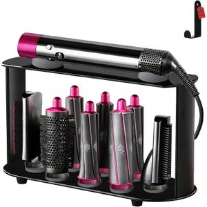 Lasvea Holder for Dyson Airwrap Attachments| 8 Holes Metal Storage Rack with Protective Silicone Pad | Countertop Organizer for Dyson Diffuser Accessories & Curling Iron with Self-Adhesive Hook, Black