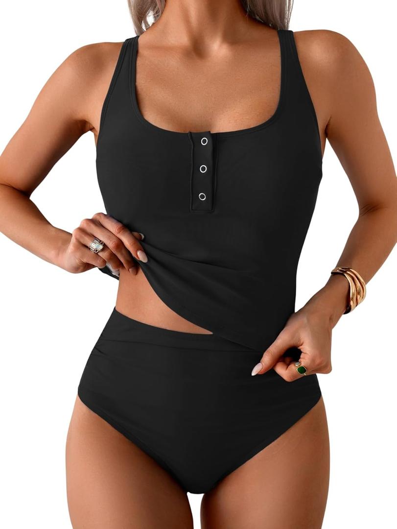 B2prity Women's Athletic Tankini Swimsuits Two Piece Adjustable Button-Up Bathing Suit Full Coverage High Waisted Swimwear (Medium, Black)