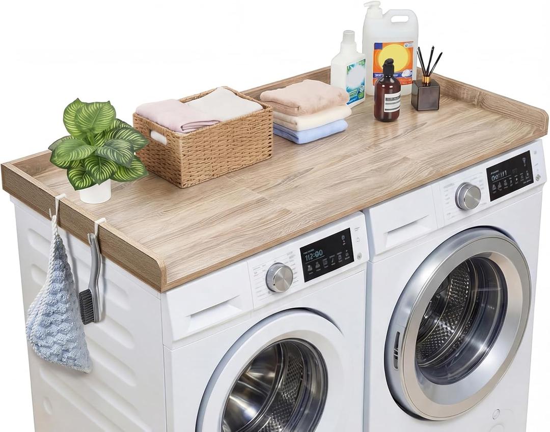 VEVOR Washer Dryer Countertop with 3 Splicing Panels, 54" x 27" Wooden Washer and Dryer Countertop with 2 Hooks, Water-Resistant Laundry Topper for Laundry Room Organization and Storage, Oak