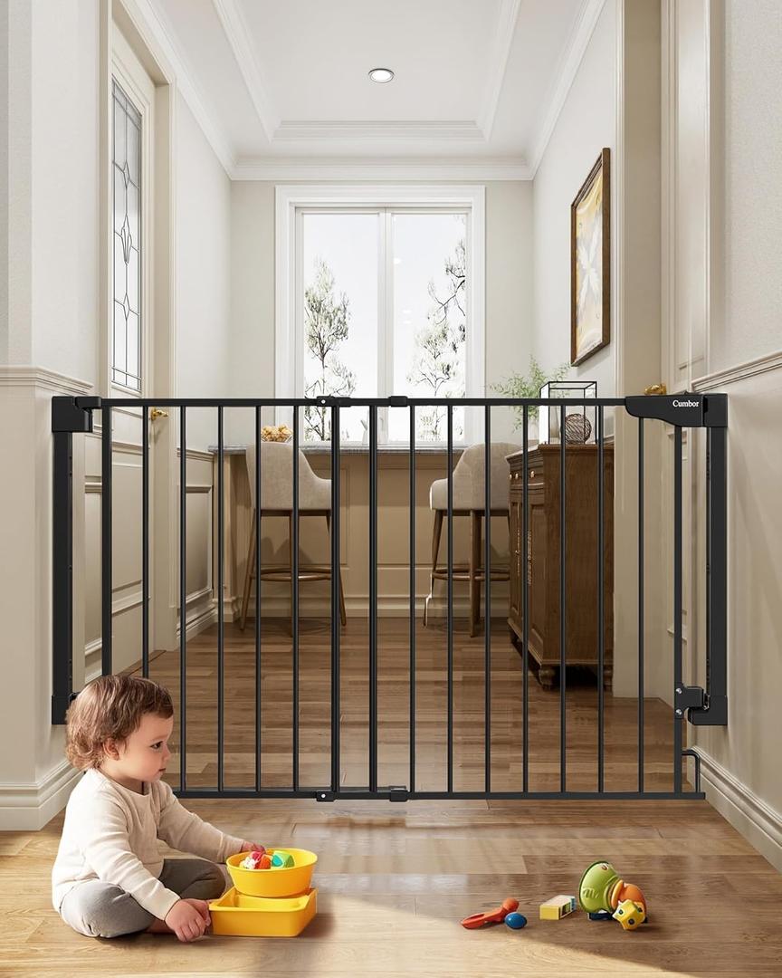 Cumbor Expandable 31.6-48" Baby Gate for Stairs, Wall-Mounted, 2-in-1 No Bottom Bar Dog Gate Indoor, Pet Gate for Doorways with Large Walk Thru Door, Child-Proof Safety Gate for Kids (Black)