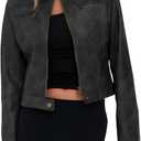 Onedreamer Women's Faux Leather Cropped jackets Casual Vintage Zip Up Stand Collar Motorcycle Short Coat Jacket (Large, Dark Grey)