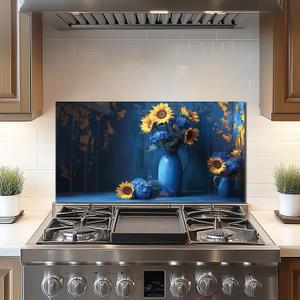 DAIFURONGE Blue Vase Tempered Glass Backsplash For Kitchen Behind Stove,Stove Backsplash Top Cover,Easy to Clean Glass Splashback, Sink Cover Splash Guard,Home Kitchen Wall Decor (30"x16"(76.2x40.64cm))