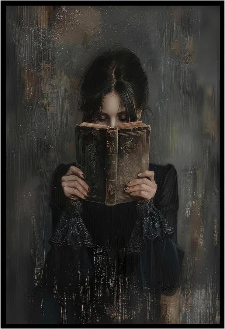 Dark Academia Canvas Wall Art Gothic Victorian Woman Reading Magic Book Poster Print Antique Oil Painting Canvas Print Book Lover Gift Bedroom Gallery Wall Decor 12x16 Incth Unframed