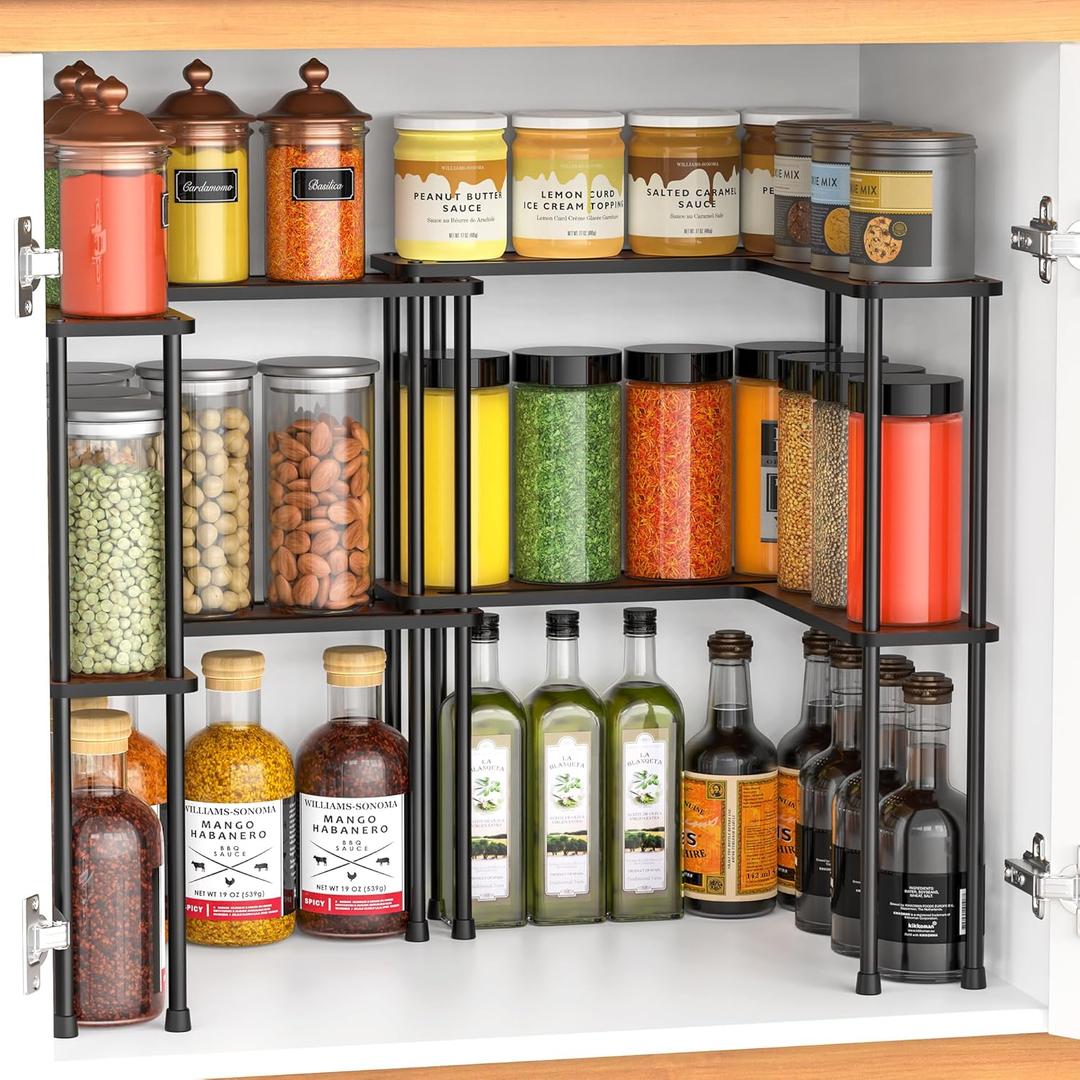 Spicy Rack Pro Expandable 10"-18.9" Spice Rack for Cabinet, 2-Tier Wood & Metal Shelf, Heavy Duty, High Space for Large Bottles, Easy 3-Min Install, Stackable or Side-by-Side