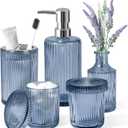 Blue Bathroom Accessories 5 Pcs, Glass Bathroom Accessory Set, Vintage Blue Bathroom Set, Royal Soap Dispenser and Toothbrush Holder Set, Qtip Holder, Small Flower Vase, Modern Bathroom Decor