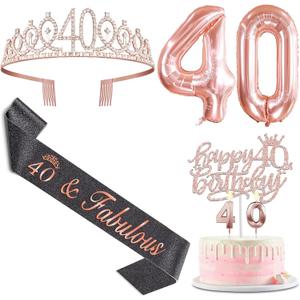 40th Birthday Decorations Women with Black 40th Birthday Sash and Crown, Cake Topper and Candles, Number Balloons Rose Gold, 40 Year Old Gifts for Women