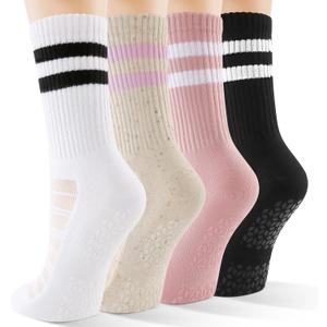CS CELERSPORT Pilates Socks for Women, 4 Pairs Yoga Crew Non Slip Grip Socks for Barre Hospital Gym (S)