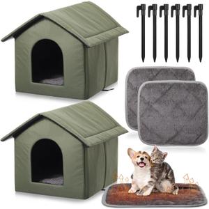 2 Sets Outdoor Cat Shelter with Self Heating Cat Pad Included 15.8 Inch Waterproof Stray Shelter Warming Pad Outside Pet Cave with Tent Stakes for Wild Animal Dogs(Green)