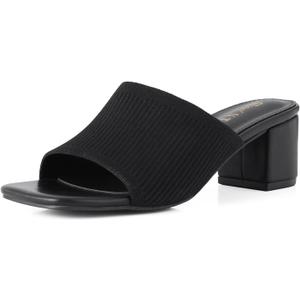 Shoe'N Tale Knit Heeled Sandals For Women Square Open Toe Heeled Mules Chunky Block Low Heel Slip On Slides(6, Black)