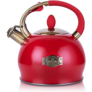 SUSTEAS Stove Top Whistling Tea Kettle - Food Grade Stainless Steel Teakettle Teapot with Cool Touch Ergonomic Handle, With 1 Silicone Pinch Mitt Included, 2.64 Quart, (Red)
