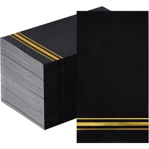 Hunanyume 100pcs 3-Ply Black and Gold Paper Napkins, Black Elegant Dinner Napkins, Gold Foil Guest Napkins Disposable Hand Towels for Bathroom Wedding Anniversary Birthday Holiday Party