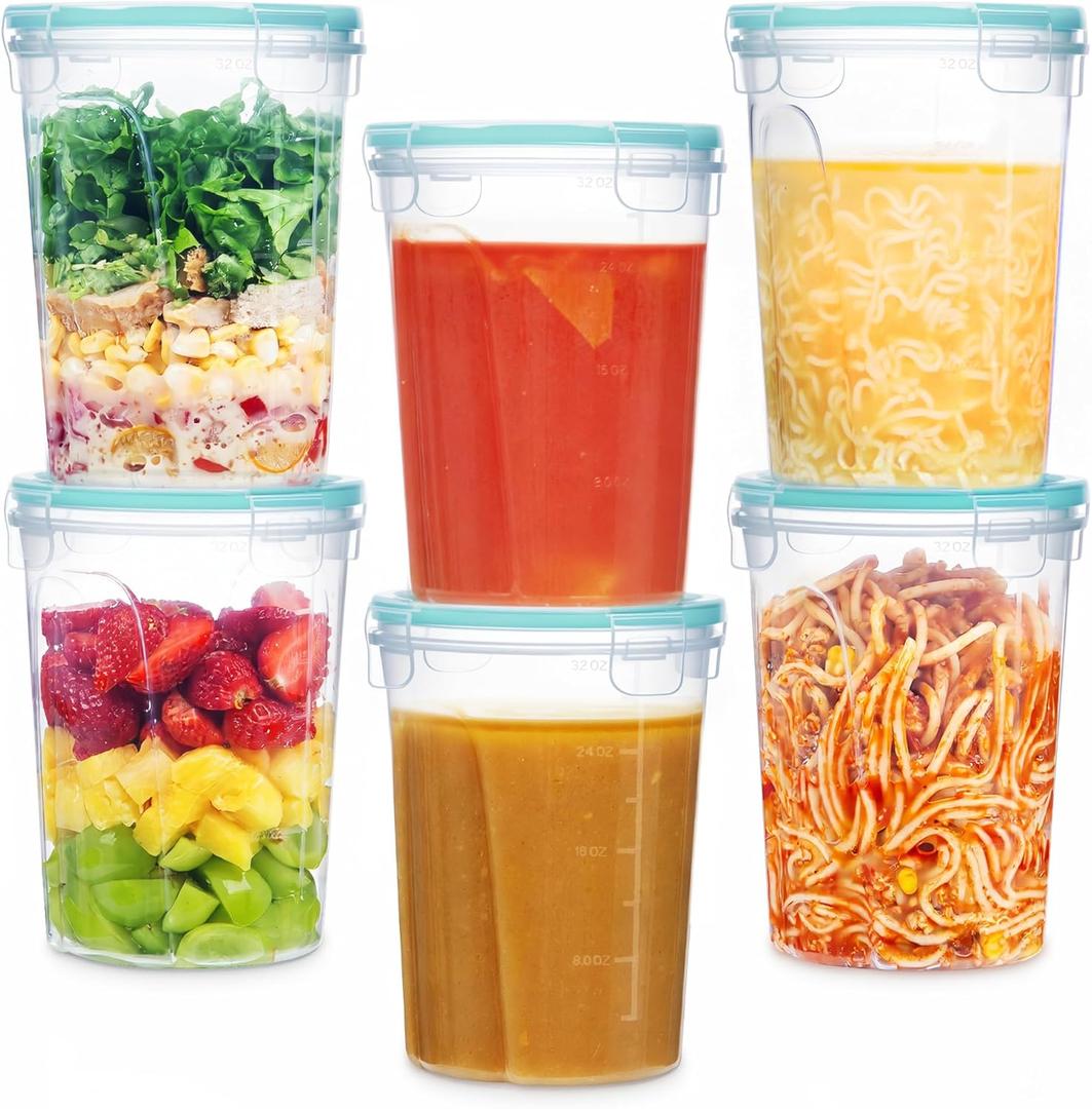 Vtopmart 6 Pack 32oz Deli Containers with Airtight Lids, Freezer Soup Containers for Take-out, Plastic Reusable Food Storage Container for Meal Prep, Salad, Leftover, Lunch, Microwave/Dishwasher Safe