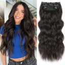 ALXNAN Clip in Long Wavy Synthetic Hair Extension 20 Inch Dark Brown 4PCS Thick Hairpieces Fiber Double Weft Hair for Women