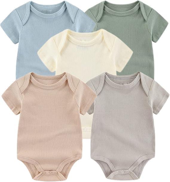 Chamie Newborn Boy Girl Bodysuit Infant Short Sleeve Jumpsuit Solid Ribbed Romper Outfits
 Size 3M