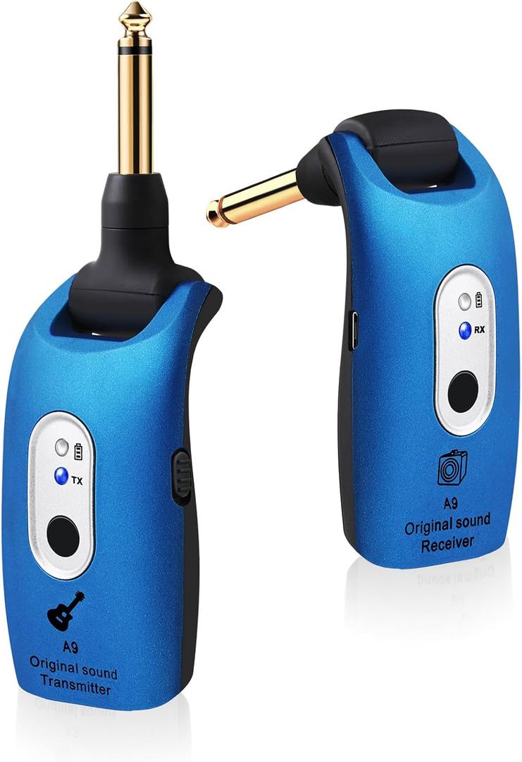 A9 Wireless Guitar System 2.4GHz Built-in Rechargeable Lithium Battery 270Rotatable Audio Wireless Transmitter Receiver for Acoustic Guitar Bass Violin Keyboard Electric Instruments, Blue