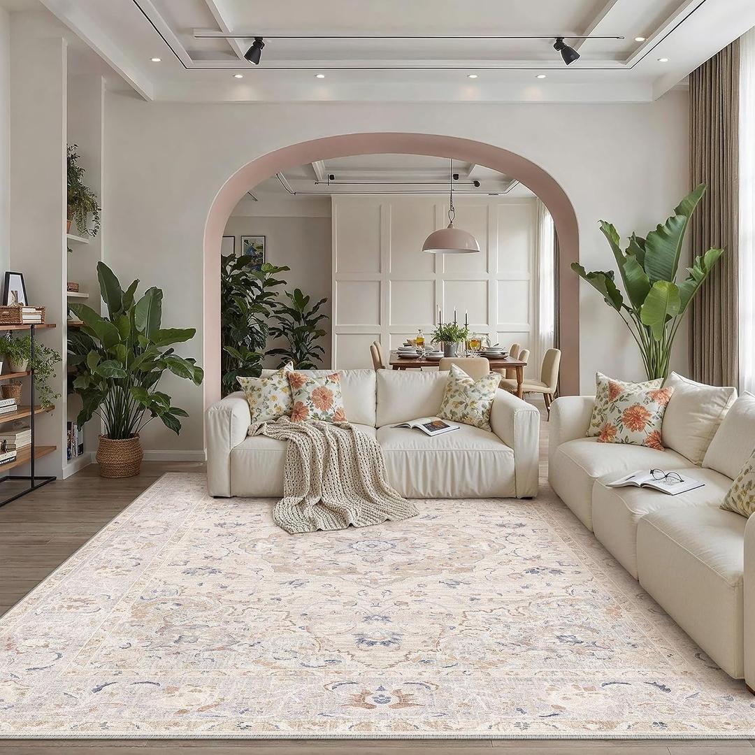 8x10 Beige Multi Washable Area Rug for Living Room Bedroom Neutral Floral Soft Low Pile Lightweight Throw Rug Non Slip Distressed Carpet Dining Room Nursery Classroom Playroom Home Decor