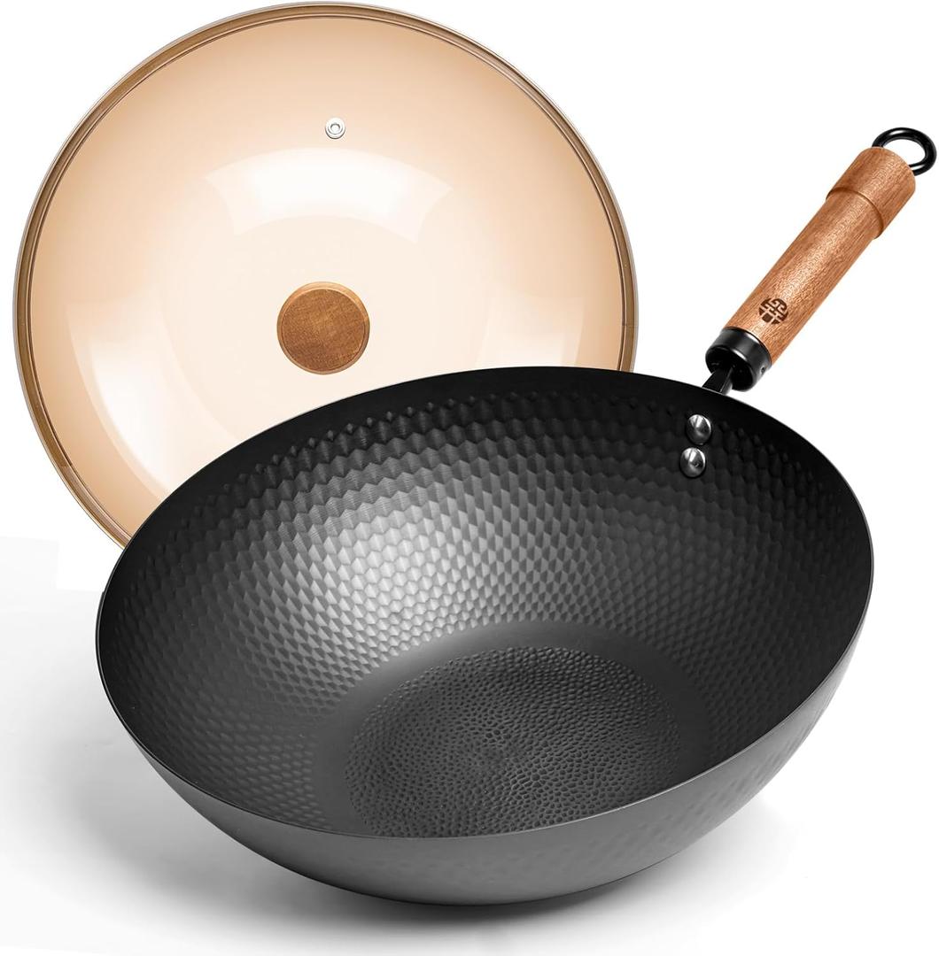 WANGYUANJI Carbon Steel Wok Pan with Lid, 12.6" Hammered Stir Fry Pan, Thickened Heavy Duty Flat Bottom Wok for Electric, Induction & Gas Stoves, Detachable Wood Handle, No Chemical Coating (Black)
