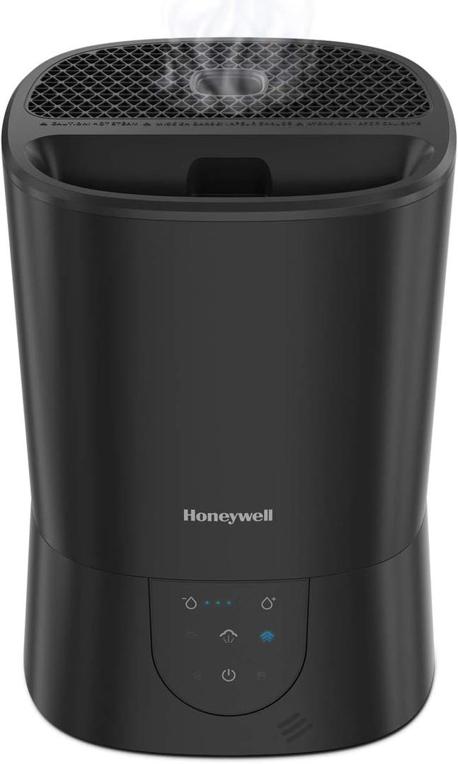 Honeywell Easy-to-Care Filter Free Warm Mist Humidifier, Medium Rooms, 1.5 Gallon Tank  Humidistat for Bedroom, Home or Office Black
