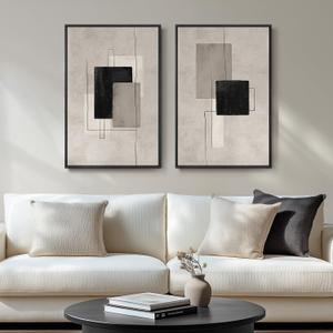 Large Framed Neutral Abstract Wall Art for Living Room, Set of 2 Black and Beige Modern Canvas Prints Paintings Artwork for Walls, Minimalist Block Lines Pictures for Hallway Office Wall Decor 24x36 In, 24" W x 36" H x 2Pcs