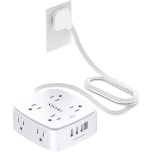 6 Ft Surge Protector Power Strip - YISHU 8 Widely Outlets with 4 USB Ports, 3 Side Outlet Extender with 6 Feet Flat Extension Cord, Ultra Flat Plug, Wall Mount, Desk USB Charging Station, ETL, White