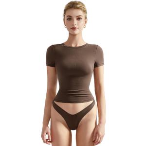 SUUKSESS Women Fitted Basic Tee Cotton Ribbed Crew Neck Summer Short Sleeve Y2K Crop Top (Brown, XS)